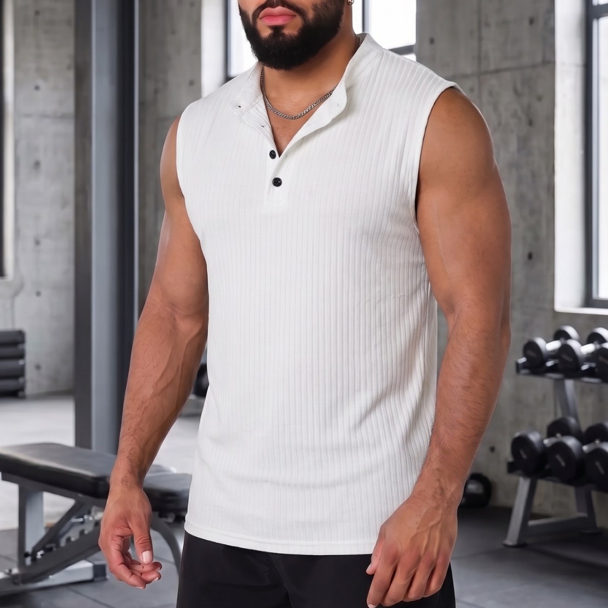 Men's fitness henley collar sleeveless tank top, broad shoulders, muscle-enhancing, summer vertical stripe breathable sports top for men