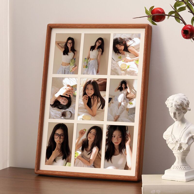Black Walnut Solid Wood 9-Grid Photo Frame with Mortise and Tenon Rounded Corners A3 Nine-Grid Photo Frame Display Stand Large Size Wall-Mounted Photo Frame