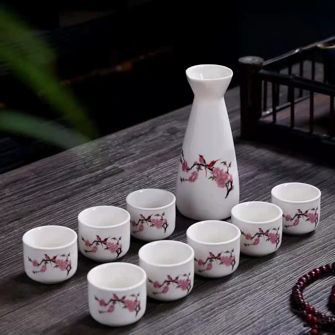 Ceramic wine set, wine decanter, shot glass, wineglass, pocket flask, 9 pieces