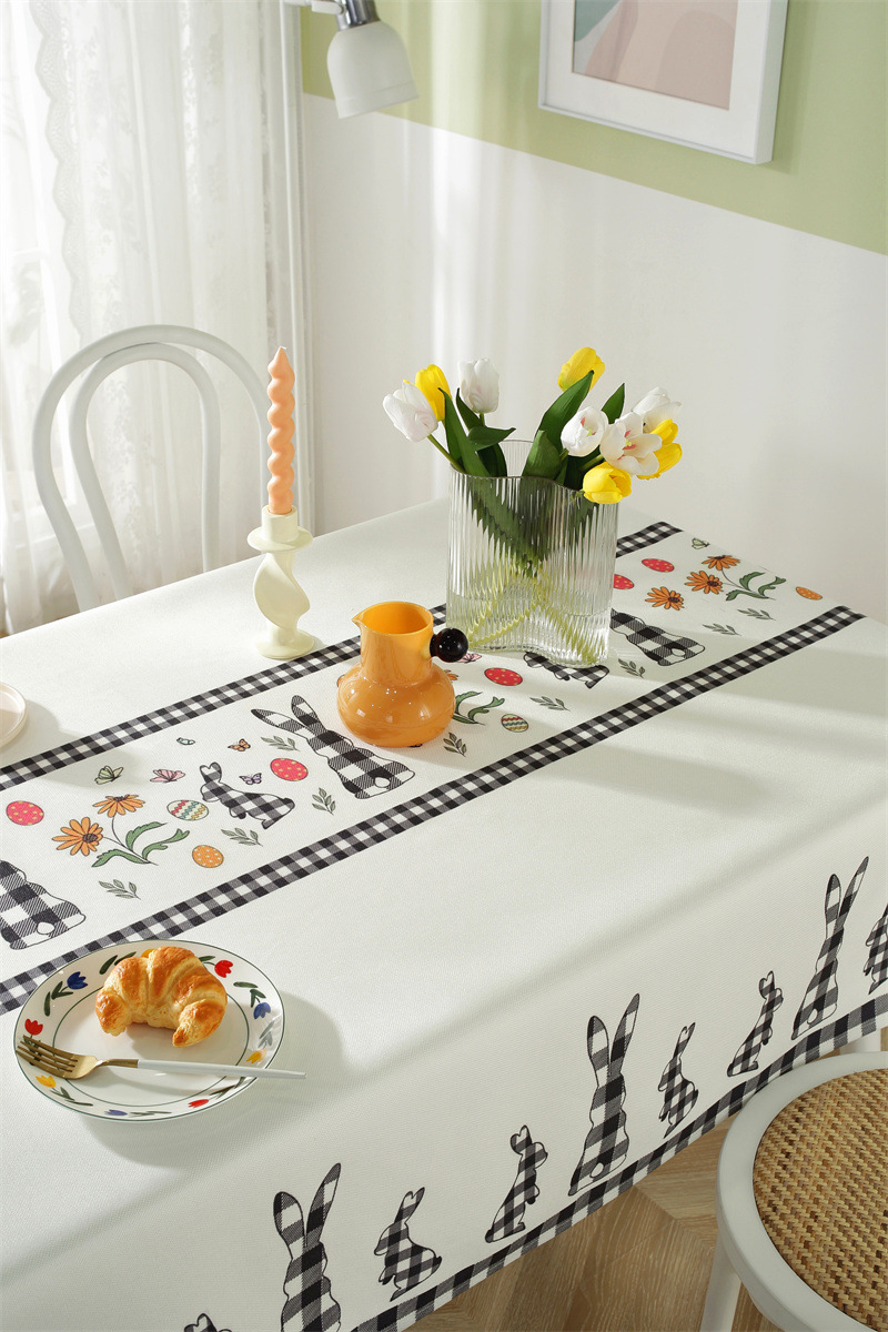 Tovaglia da caffè impermeabile in poliestere con stampa a quadri pasquali, coniglietti e fiori primaverili. Copertura per tavolo da pranzo_voghion.com