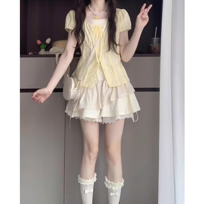 부드럽고 달콤한 소녀의 우아한 의상 정장 스커트 여성 여름 휴가 투피스 허리 셔츠 꽃무늬 플리츠 짧은 스커트 투피스 세트