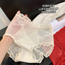 山茶花交叉收腹高腰内裤女10A加长温感抗菌裆蕾丝提臀三角裤女