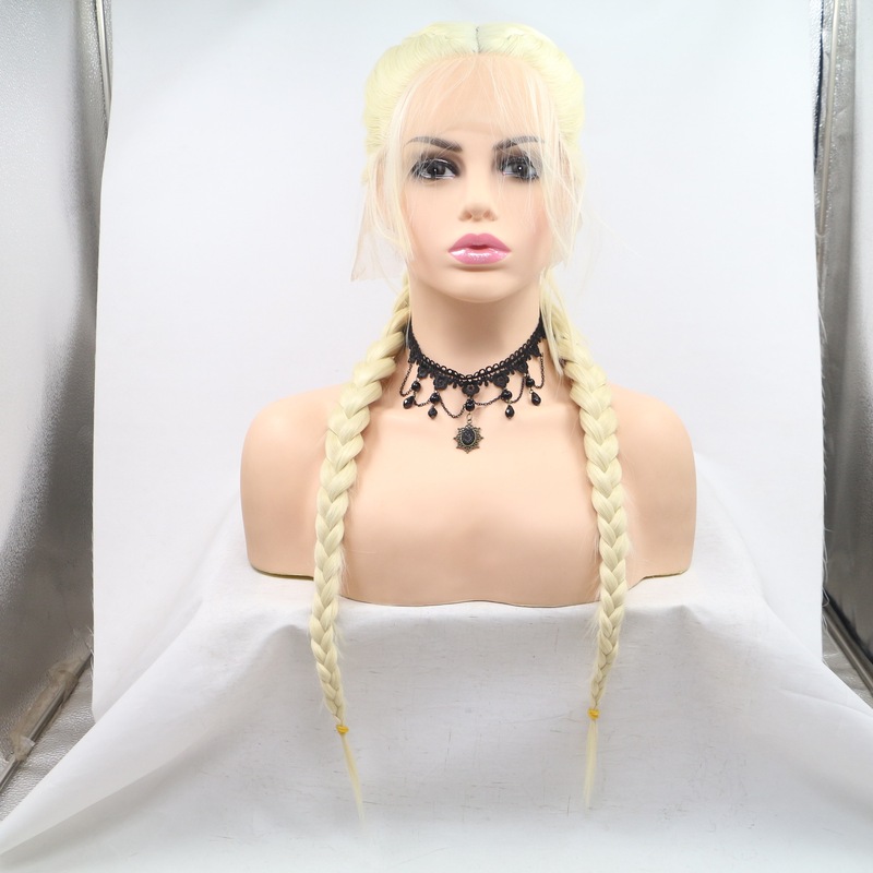 Hand-Woven Lace Front Synthetic Wig, Golden Double Ponytail Fishbone Braid Wig for Women, One-Piece Dropshipping