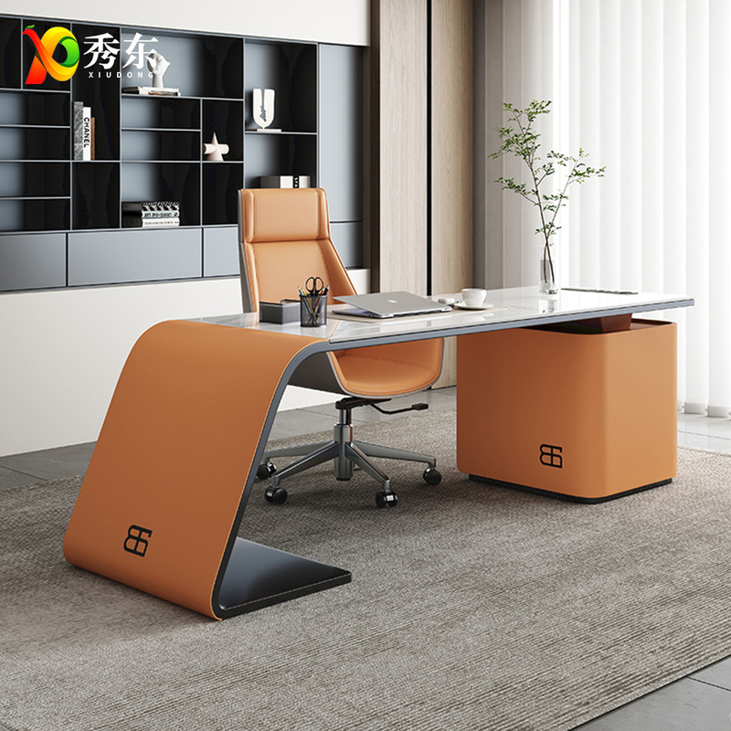 Italian Minimalist Slate Desk Study Home L-Shaped Computer Desk Bookcase Integrated Table High-End Accessible Luxury Style Office Desk