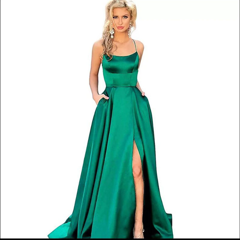 El Comercio exterior europeo y americano Amazon AliExpress deseo vestido de noche de las mujeres sexy Correa simple satén vestido largo