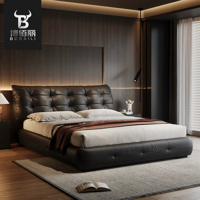 Итальянская минималистичная двуспальная кровать из натуральной кожи Big Black Bear, черная, современная, простая, высококачественная, в стиле легкой роскоши, с мягким изголовьем