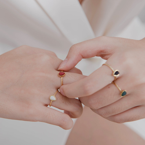 Yachan jewelry cross-border accessories 18K water drop natural stone ring European and American fashion simple open titanium steel ring