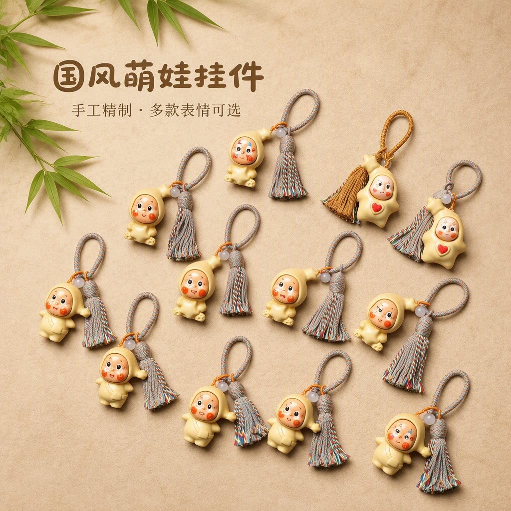 Boxwood funny face keychain pendant, star-shaped doll with tassels, backpack accessory, creative wood carving small gift