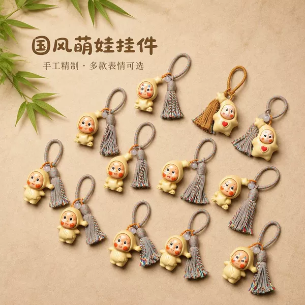 Boxwood funny face keychain pendant, star-shaped doll with tassels, backpack accessory, creative wood carving small gift