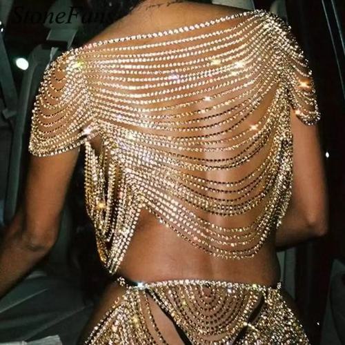 Women stage performance jazz dance bling body chain singers concert rehearsal diamond shoulder cape chain rhinestone bikini breast chain