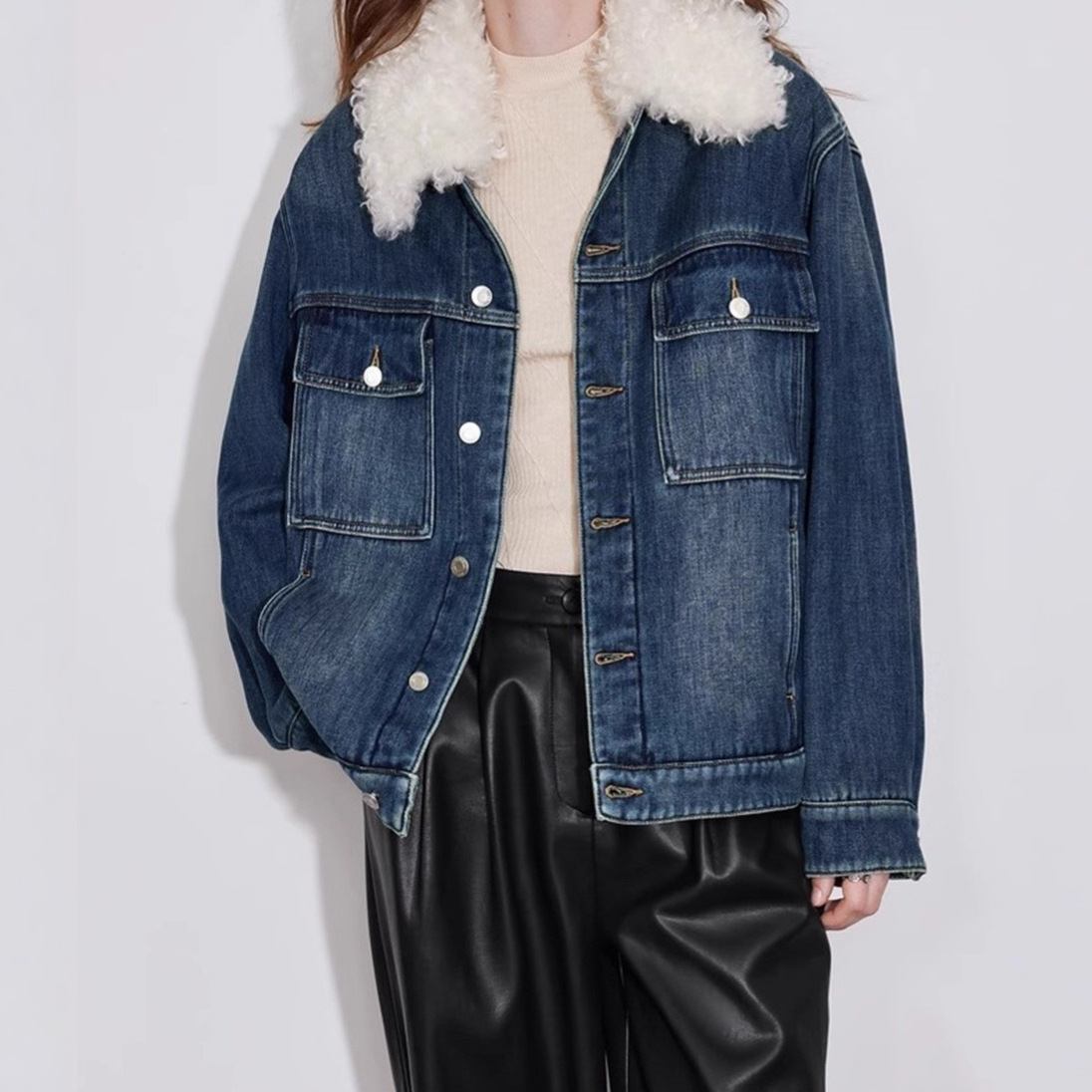 秋冬季宽松慵懒加厚保暖上衣酷飒风高街复古毛绒翻领牛仔外套女