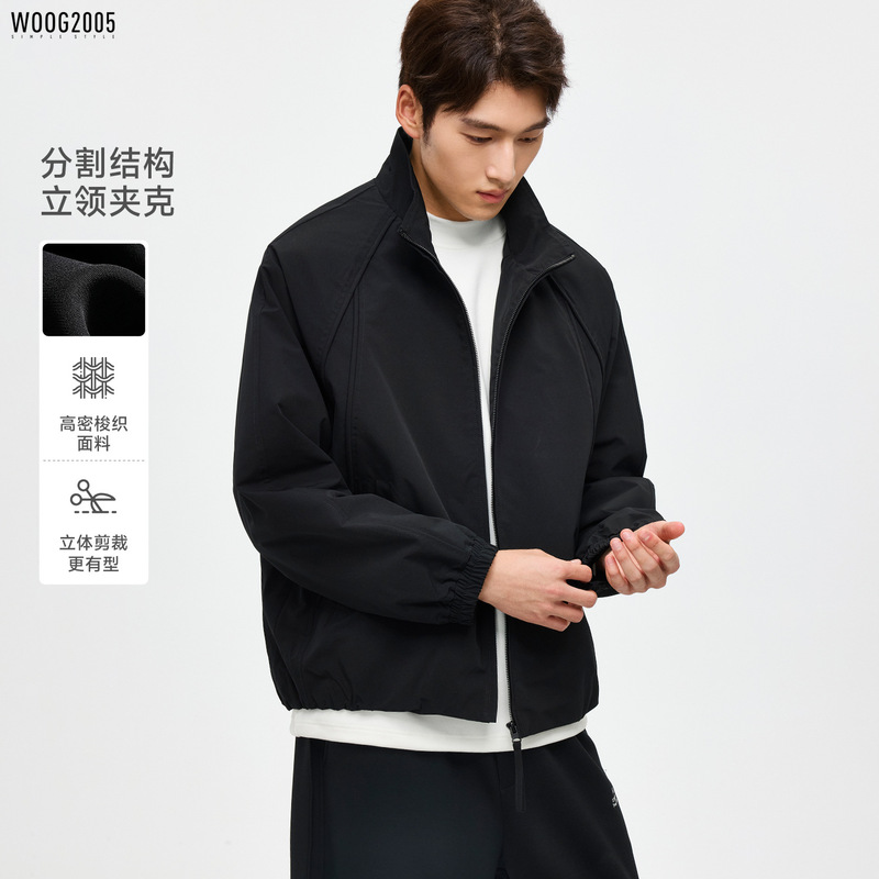 Woog2005 Anti-Wrinkle Black Stand-Up Collar Men's Jacket 2026 Spring and Autumn New Loose Short Harrington Jacket