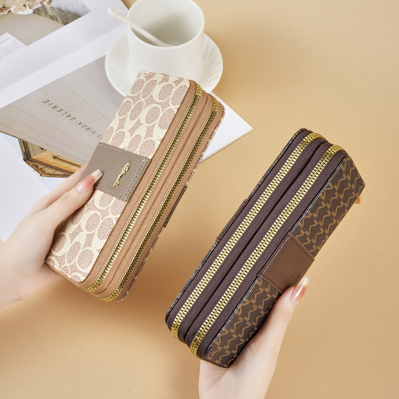 New Women's Double Zipper Wallet Cross-Border Trendy Printed Splicing Fashion Versatile Double-Layer Multi-Card Slot Zipper Clutch Bag
