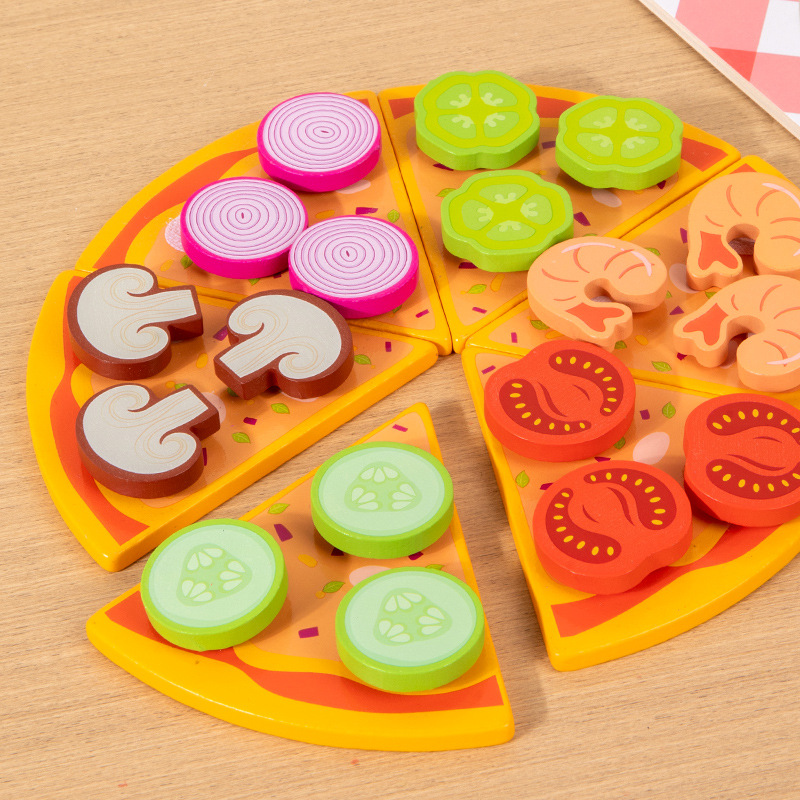 Juego de pizza de casa para niños para cultivar la capacidad práctica de los bebés y los niños pequeños, juguetes educativos de madera cognitivos de color y forma