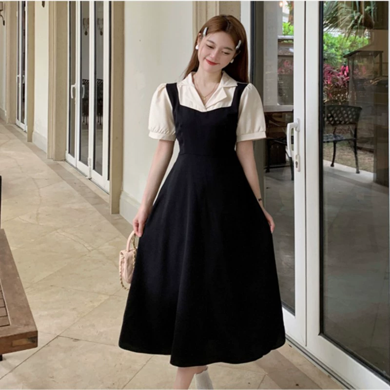 Искусственное женское платье из двух частей на подтяжках с короткими рукавами, лето 2023, новый стиль, платье для похудения в стиле Хепберн, платье первой любви