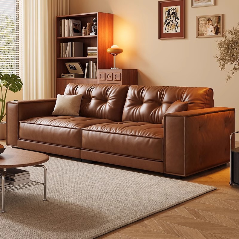 Retro Genuine Leather Sofa Oil Wax Leather Mid-Century Style Small Apartment Living Room New Caramel Color Straight Sofa Furniture Factory