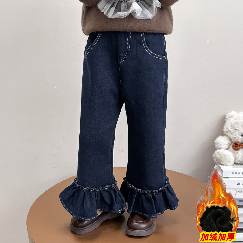 소녀 기모 청바지 가을 겨울 2024 새로운 어린이 겨울 원피스 벨벳 바지  의 서양식 플래 팬츠