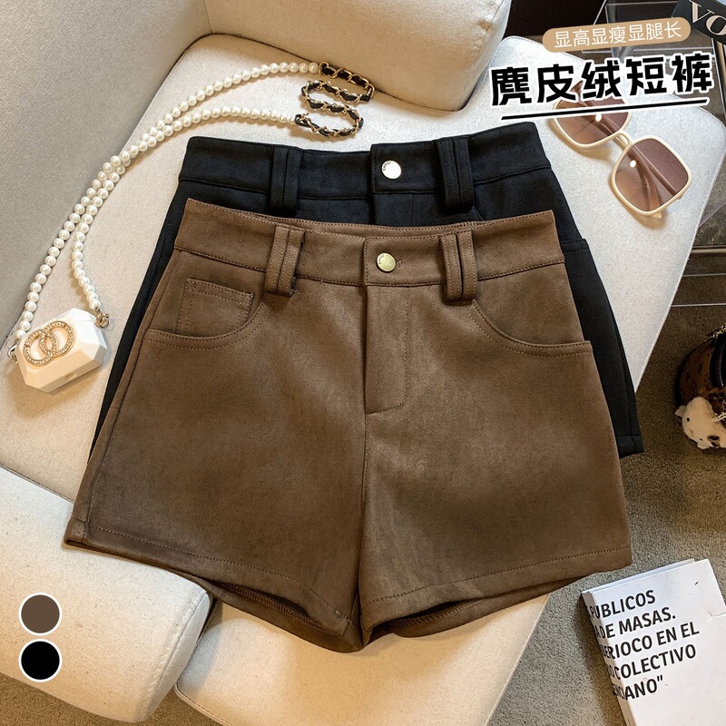Brown suede stylish straight-leg casual shorts for women, new autumn and winter high-waisted A-line hip-hugging boot shorts leggings Brown suede stylish straight-leg casual shorts for women, new autumn and winter high-waisted A-line hip-hugging boot shorts leggings