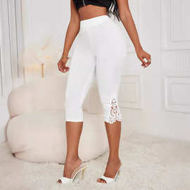 欧美欧美跨境休闲时尚修身高腰纯色蕾丝拼接打底七分裤