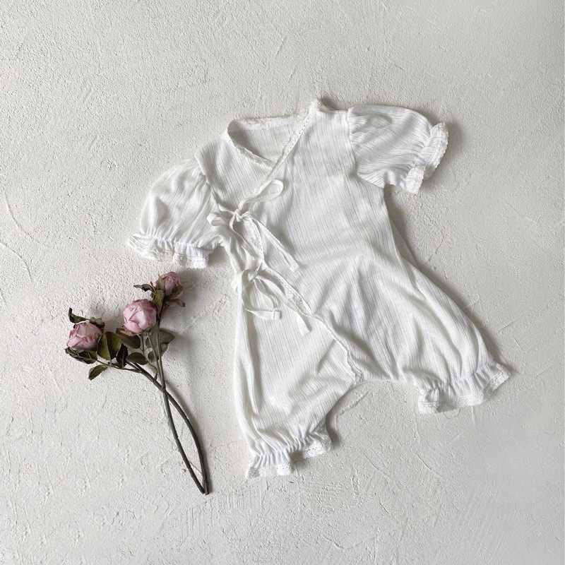 夏款女宝宝镂空网眼花边连体衣婴童衣服包屁衣儿童系带和尚服|undefined
