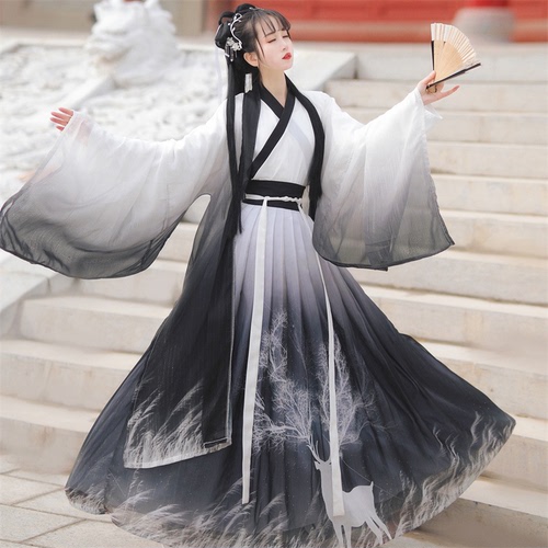 Tang Dynasty Hanfu White black gradient hanfu Fairy dress for women  Chinese wind waist Ru skirt big sleeve unlined upper kimono dress garment