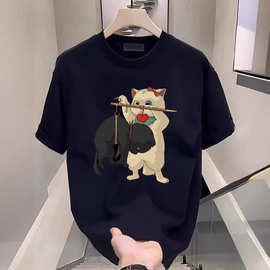 可爱猫咪正肩短袖T恤2024夏季新款韩版百搭上衣设计感半袖衫男士