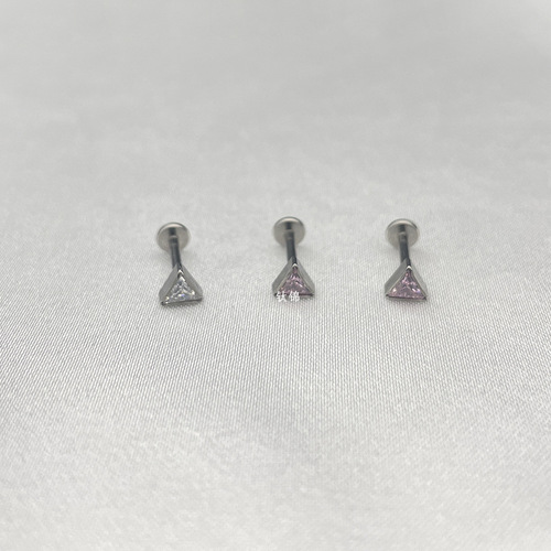 Titanium Brocade Piercing F136 Titanium Alloy Geometric Triangular Bezel Pink White Diamond Earrings Lip Nails 16G Ear Bone Nails Wholesale