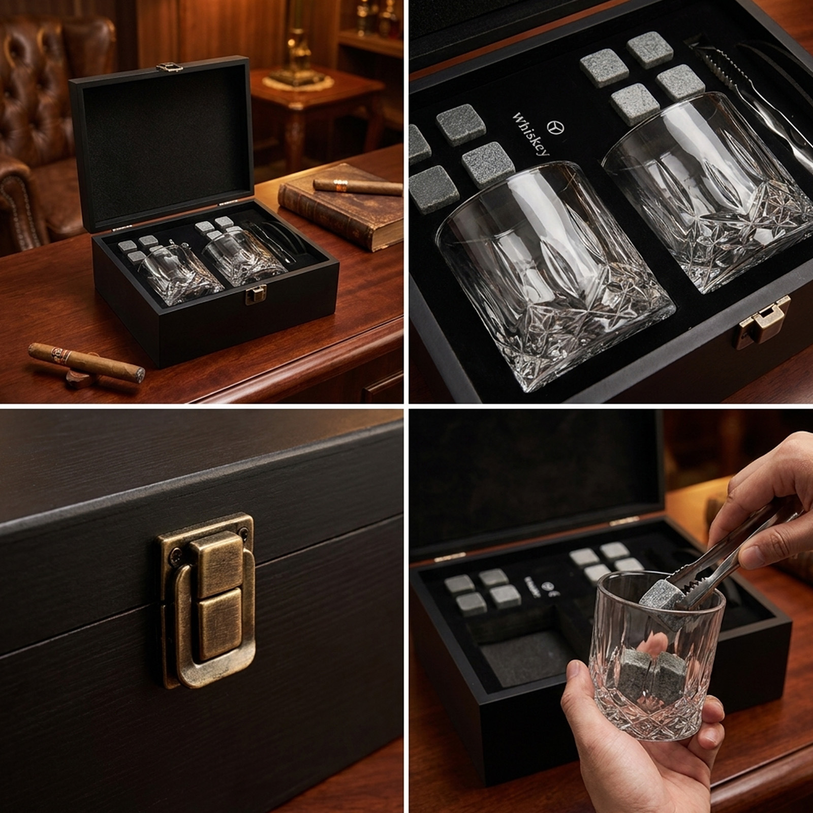 Caja de madera de cristal de whisky de vino de hielo transfronterizo caja de regalo de piedra de hielo de alto grado