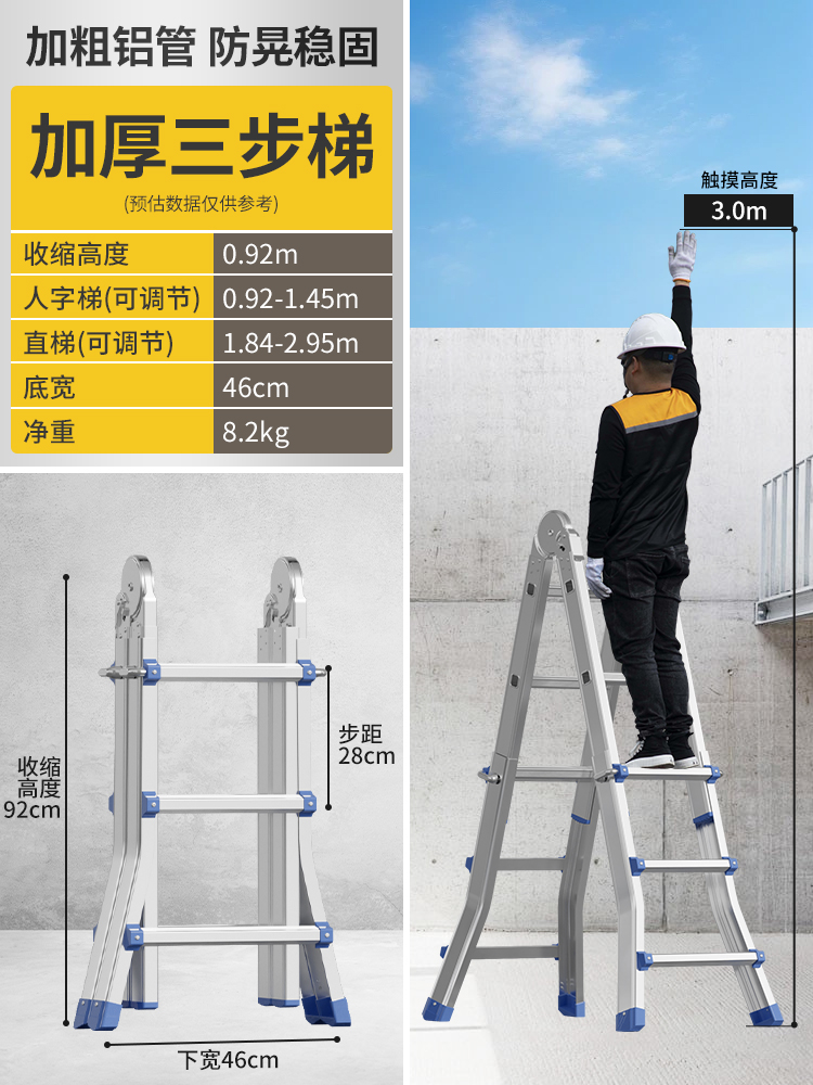 ∉♭ιιιι【독일 표준 두께 1.5MM】 꼬마 거인 다기능 3단 사다리 (견고하고 내구성 우수) - 다기능 접이식 사다리♭아아아아