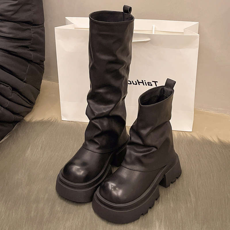 Fashionable temperament, slim mid length stacked boots, 2024 autumn new style, thick soled retro pants, long leg knight_voghion.com