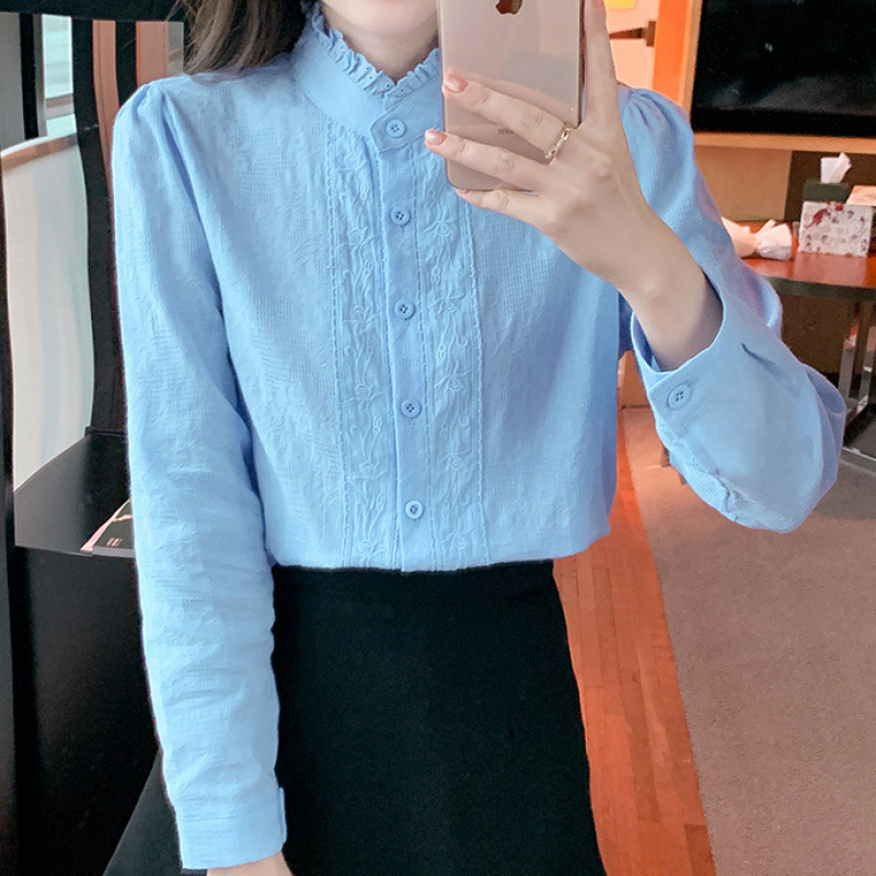女性のためのスタンドカラー刺繍耳コットンシャツ2025春秋の新しいルーズ薄手のシャツ長袖気質トップ|undefined