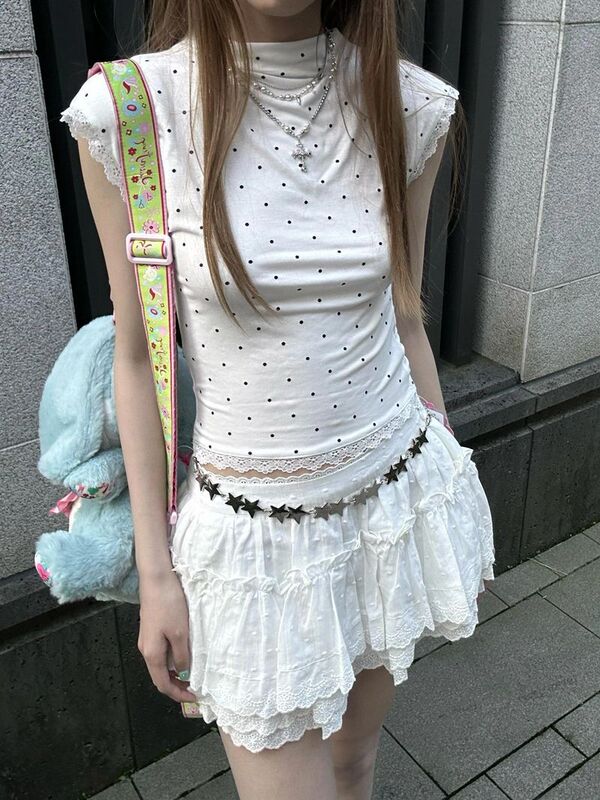 [260g Rayon Modal] Lace Splicing Polka DoT Small Flying Sleeves RighT Shoulder ShorT-sleeved TighT WaisT T-shirT for Women