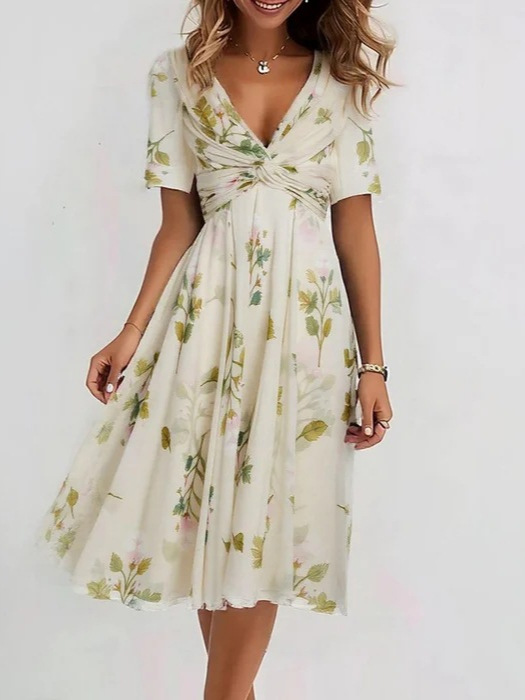 2025 European and American Clothing Amazon Independent Station Digital Printing V Neck Knotted Short-Sleeved Dress Long Skirt