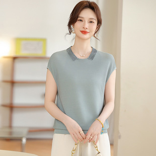 Young Mother Summer Top Stylike Lap Short-sleeved T-shirt New Style Middle-aged Women's Loose Ice Silk Knitted Shirt