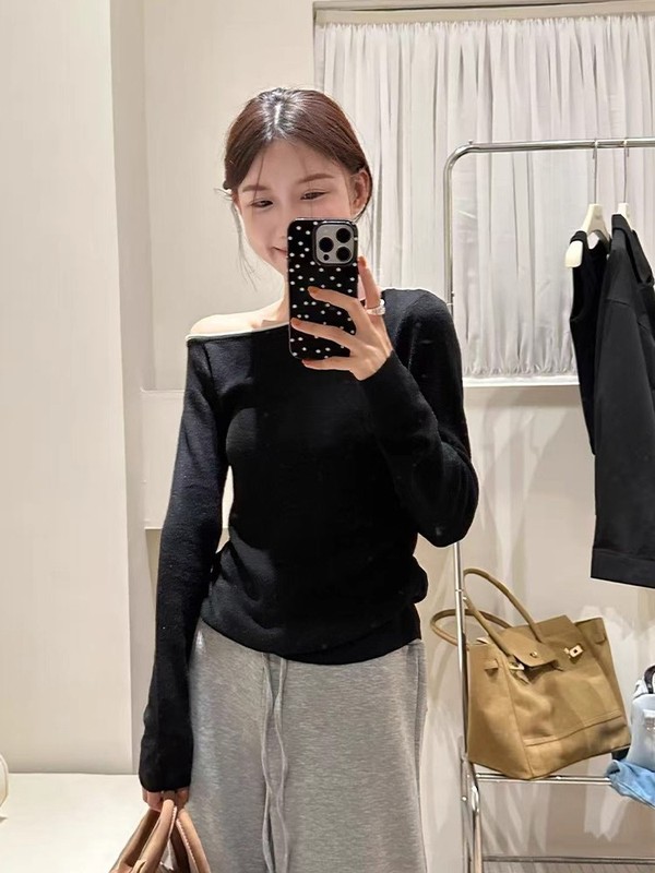小个子黑色斜肩一字领长袖t恤女春秋季独特超好看单穿打底衫上衣|undefined