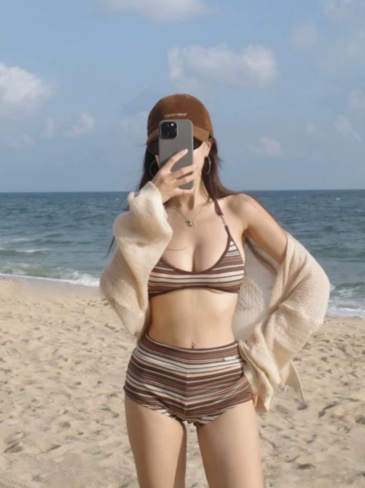 Trajes de baño a rayas retrógradas francesas para mujeres, trajes de baño de vacaciones conservadores de cintura alta y pequeño pecho sexy