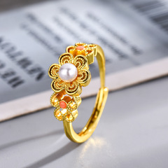 新日系愛麗絲貝珠滴膠鍍金戒指女款輕奢小眾設計復古食指戒冷淡風