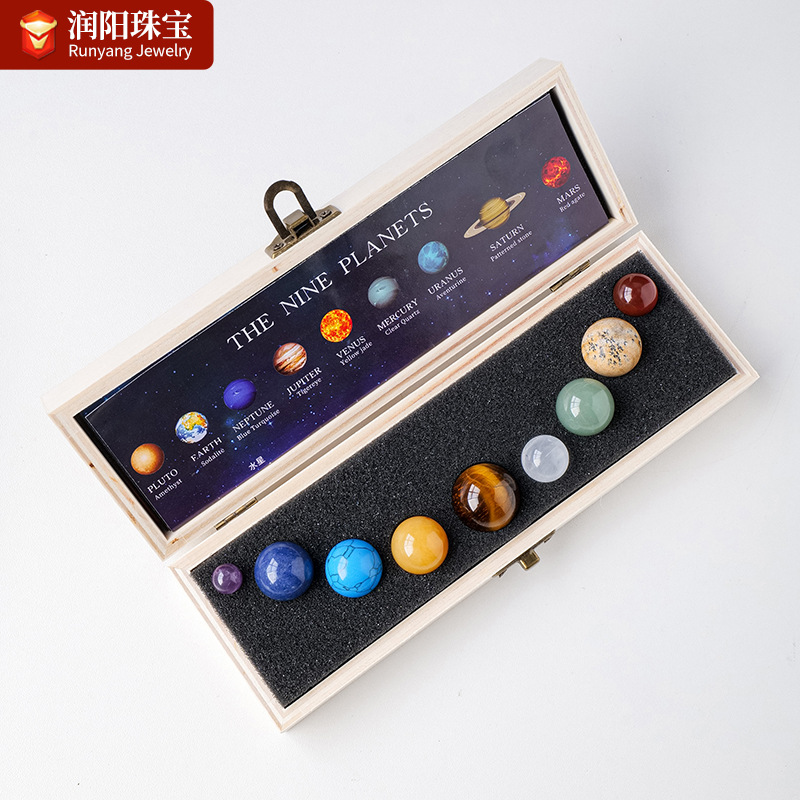 cross-border natural crystal ball nine planets wooden box suit crystal ore specimen solar system planet box wholesale