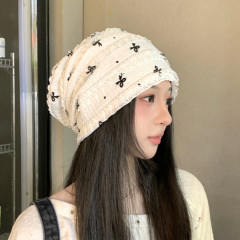 优雅蝴蝶结印花套头帽女春秋季薄款透气褶皱包头帽潮流冷帽月子帽
