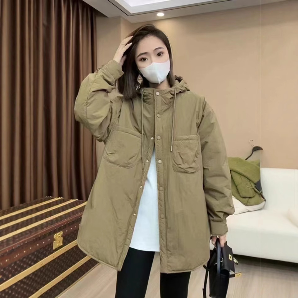(2개) 가벼운면 패딩 재킷 여성의 가을과 겨울 2024 새로운 유럽 및 한국 상품 와이드 버전 셔츠면 패딩 코트 긴면 후드 코트
