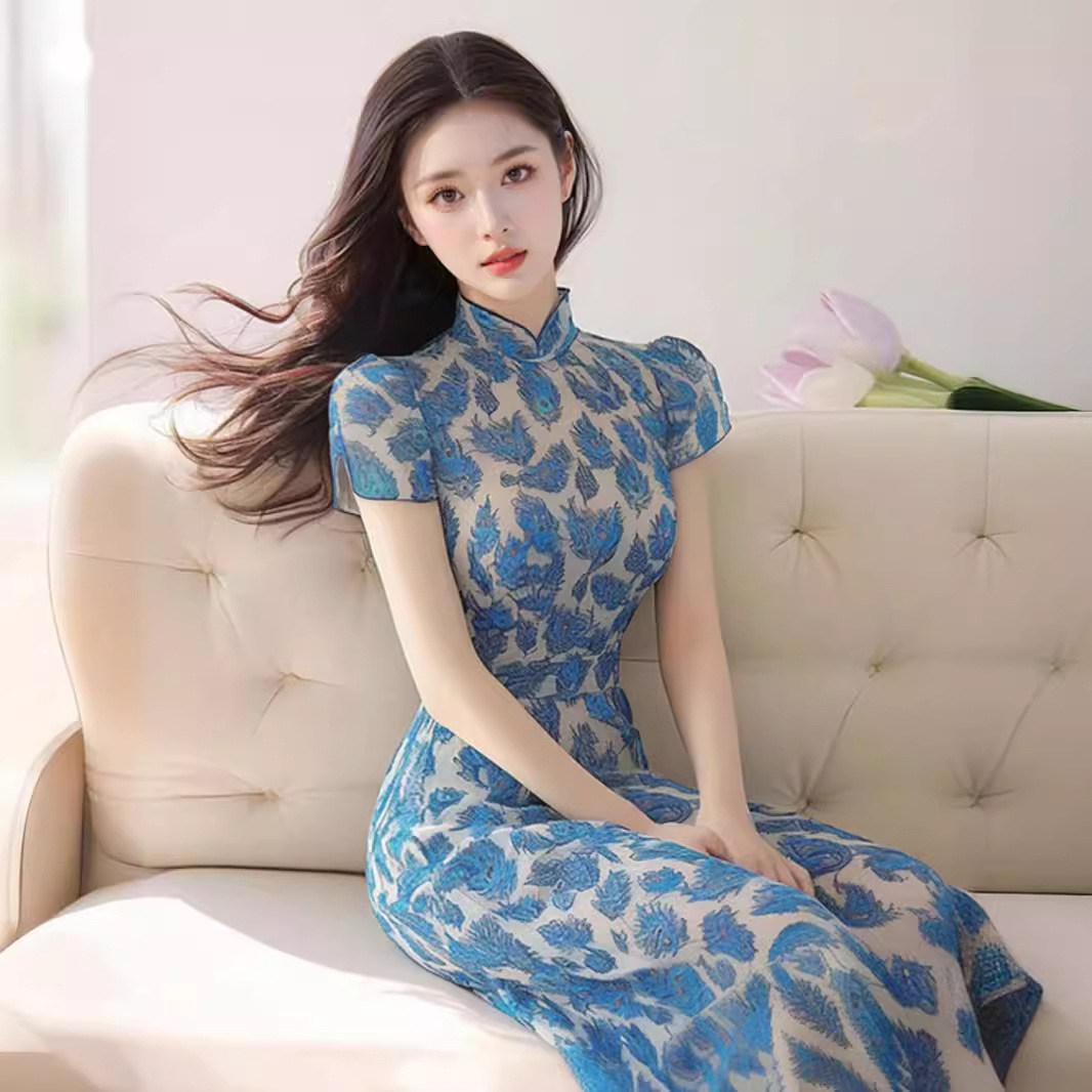 Váy dài phong cách Trung Quốc mới mùa hè FL240348 in hoa xanh lam thắt eo — Màu xanh lam