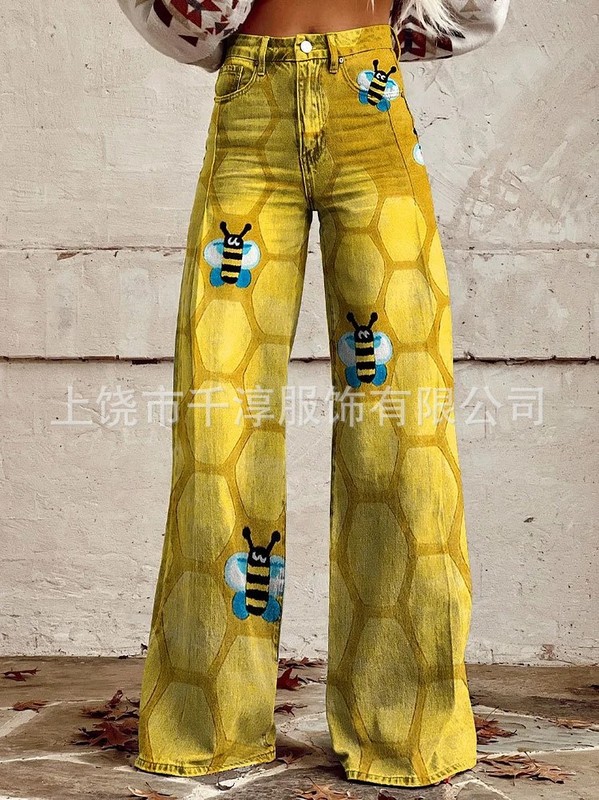 跨境欧美独立站爆款数码印花假牛仔女士阔腿裤 女士喇叭修身长裤|undefined