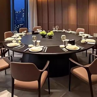 High-End Black Matte Solid Wood Dining Table Accessible Luxury Hotel Restaurant Box Special Electric Turntable 10 People 20 People Round Table