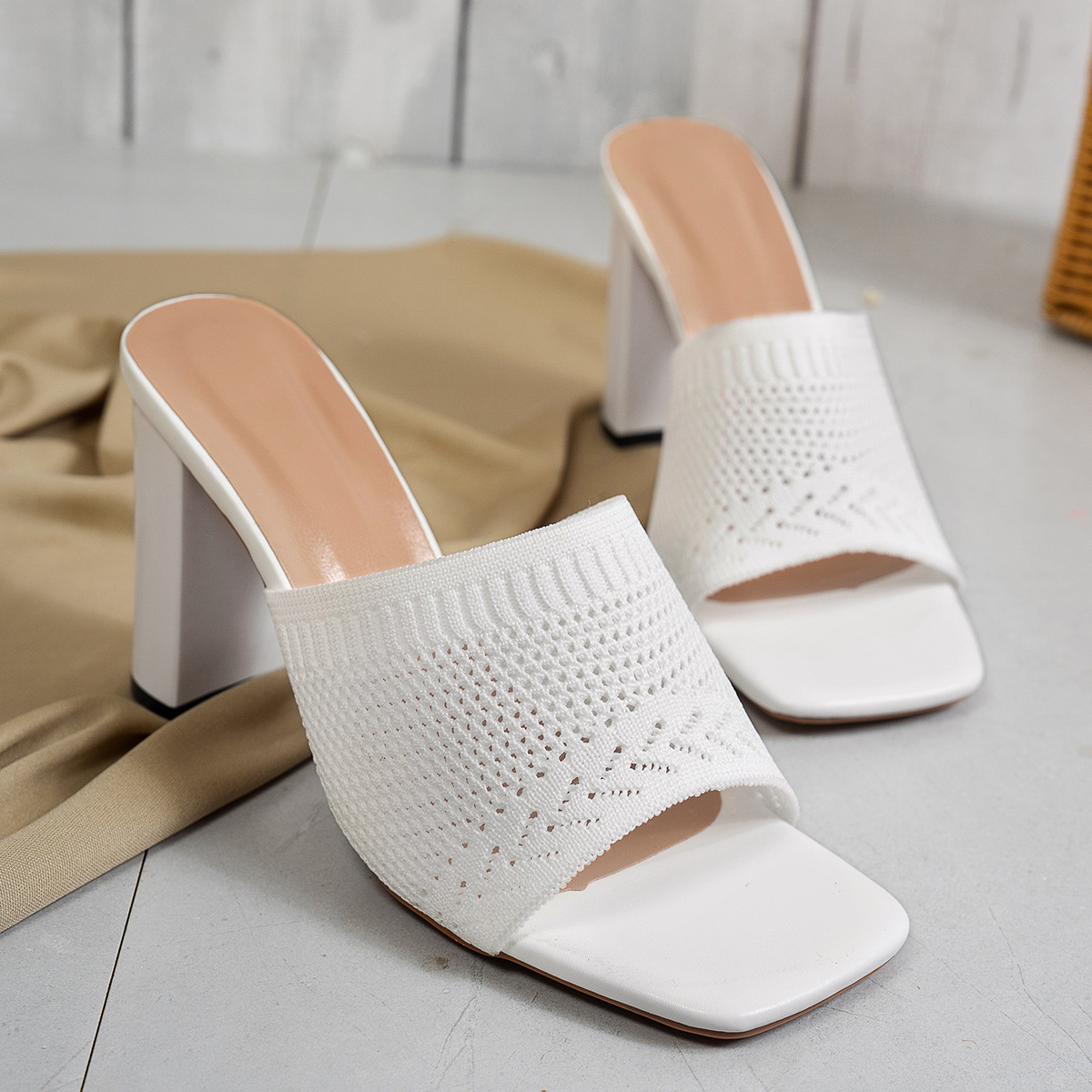 Women's Square Toe Flyknit High Heeled Sandals Breathable Chunky Heel European American Style Outdoor Wear plus Size Slippers_voghion.com