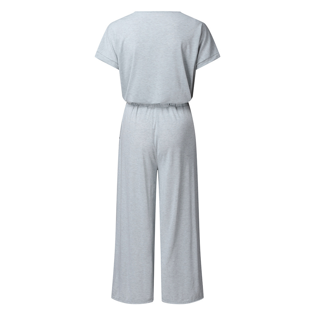 Casual Spring Summer Elastic Waist V neck Wide Leg Jumpsuit for Women