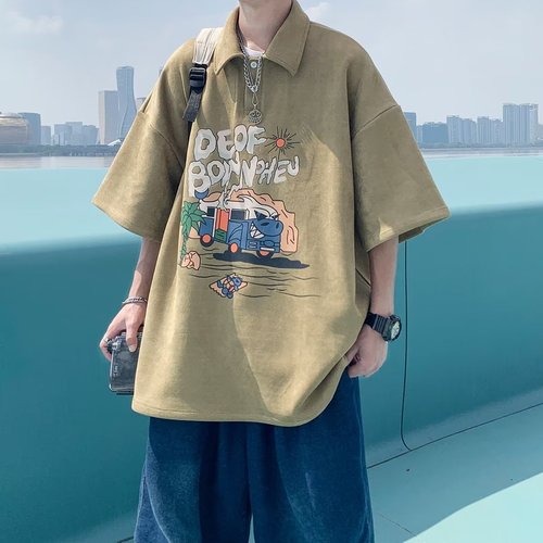 Men's American Streetwear Short Sleeve Polo Shirt Summer Fashion Heavyweight Retro Collar T-Shirt for Boys