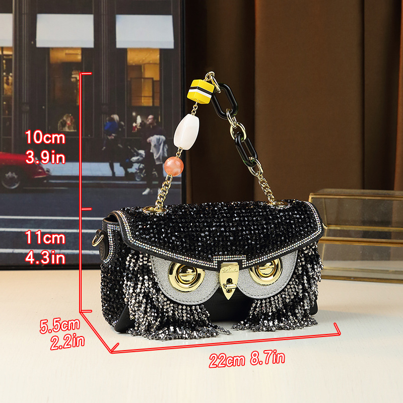 Borsa a mano da donna a forma di gufo con strass e nappe, resistente, a tracolla, piccola borsa quadrata, lusso di nicchia accessibile_voghion.com