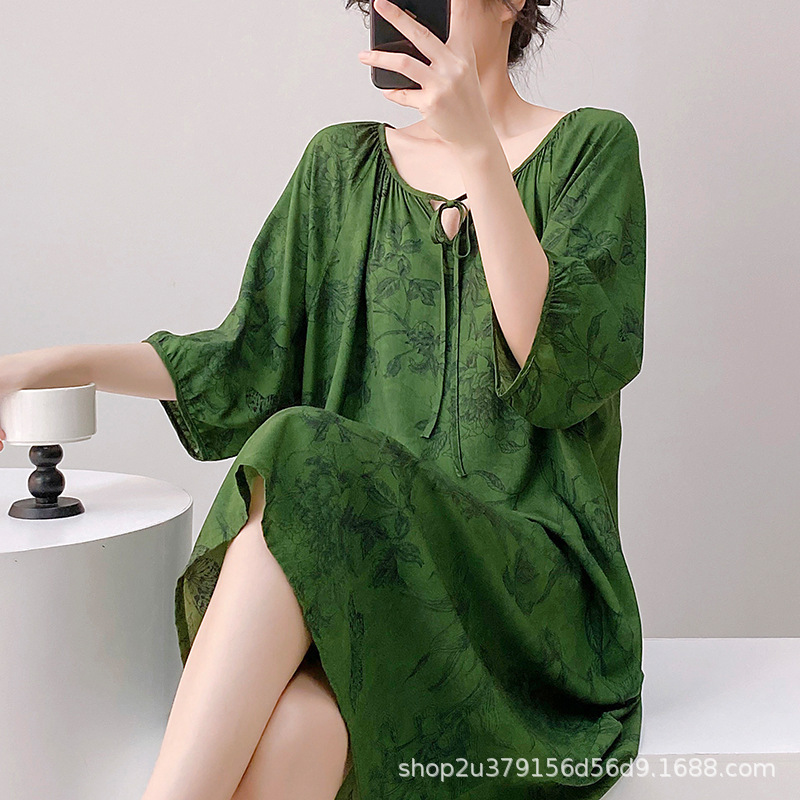 2025 新しい女性のための寝間着春と夏の綿シルク新中国風クールな人工綿ロングスカート綿シルクパジャマ大きいサイズ|undefined