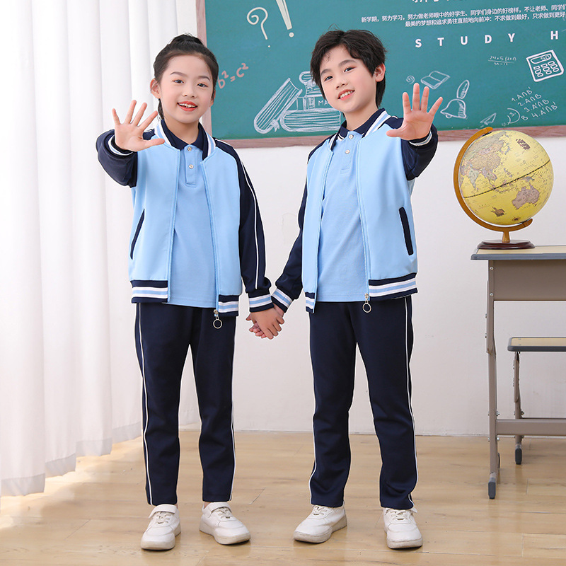 봄과 가을 교복 세트 3 인조 중학교 고등학교 블루 및 화이트 스포츠웨어 어린이 코트 탑