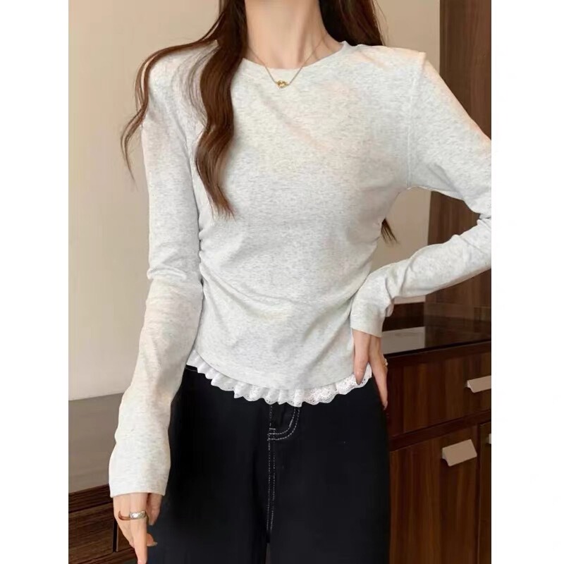 【92% Cotton, 8% Spandex + Back Collar】Lace Trim Round Neck Regular Shoulder Base Layer T-Shirt for Women, Autumn Slim-Fit Short Top 【92% Cotton, 8% Spandex + Back Collar】Lace Trim Round Neck Regular Shoulder Base Layer T-Shirt for Women, Autumn Slim-Fit Short Top